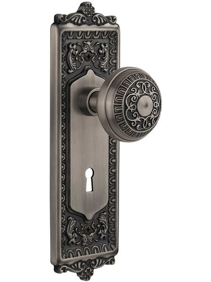 Egg and Dart Door Set with Matching Knobs and Keyhole - 2 3/8 in Antique Pewter.